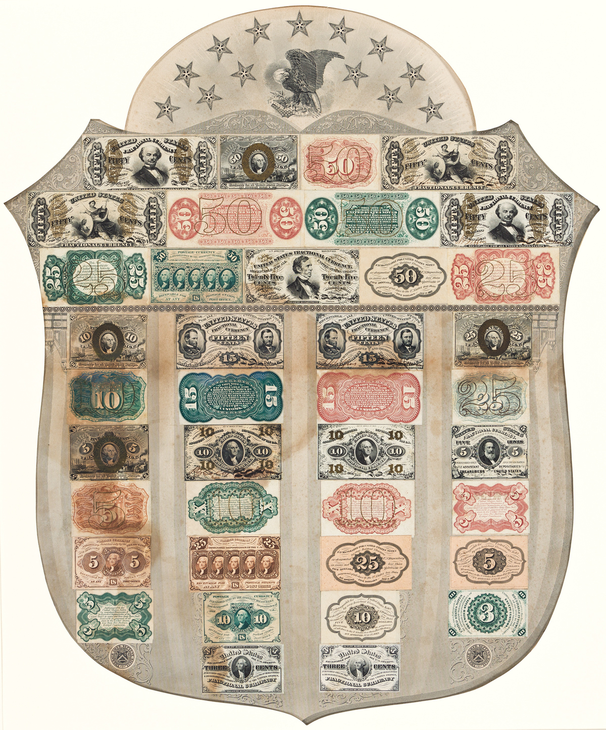 (CURRENCY.) Fractional currency shield with mounted specimen notes.